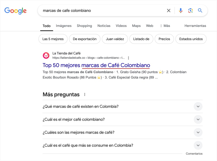 Resultado de búsqueda de Google con keyword principal en el meta title